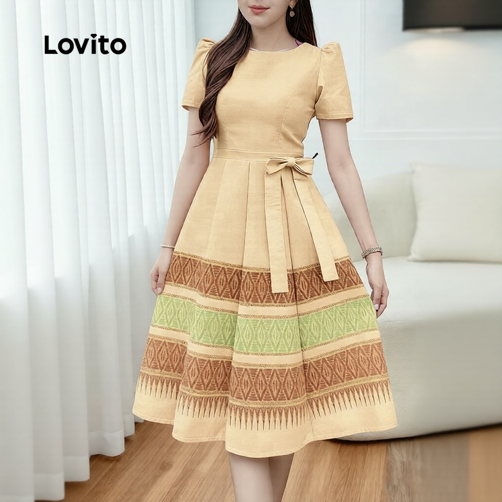 Lovito Casual Vestido Amarelo Primavera Verão Feminino Amarração LK2LD435