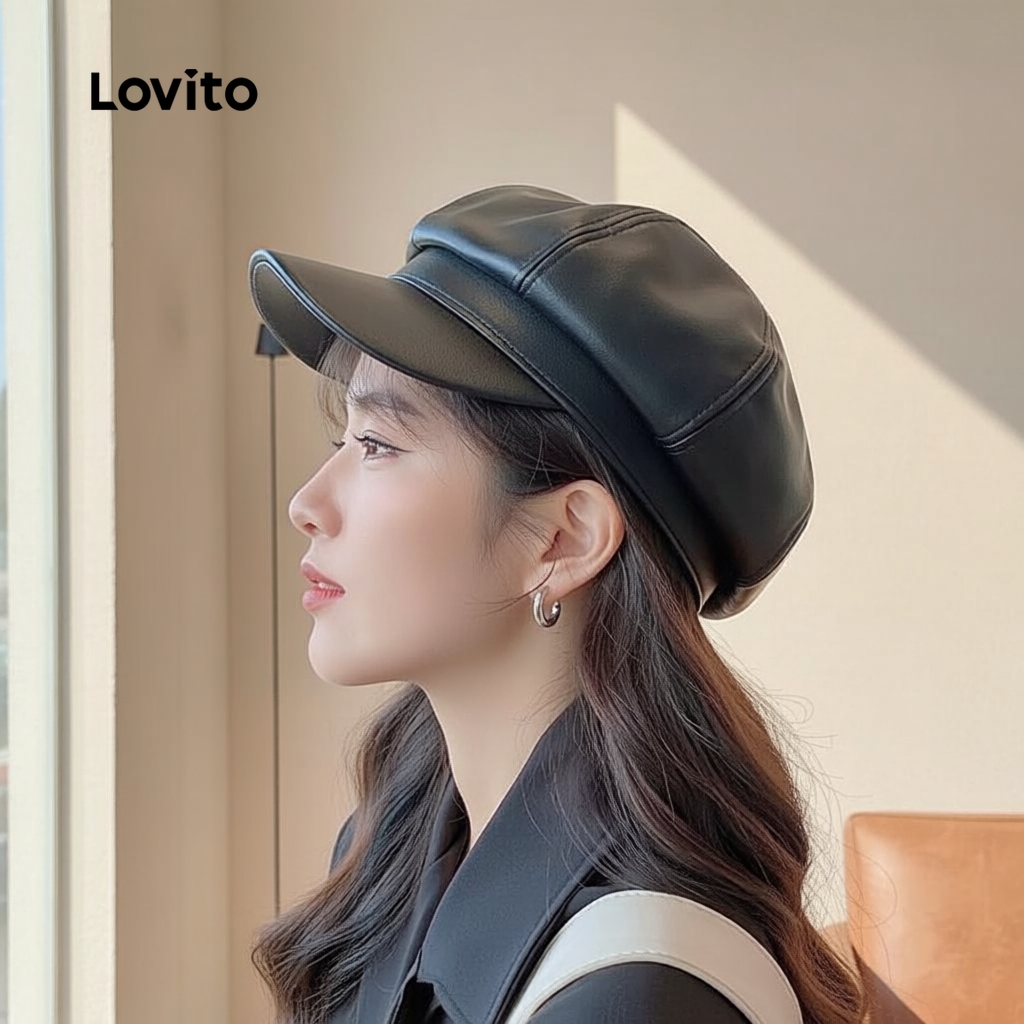 Lovito Chapéu Feminino Pu Clássico Estilo Antigo LFA08242 (Preto) em Oferta na Shopee