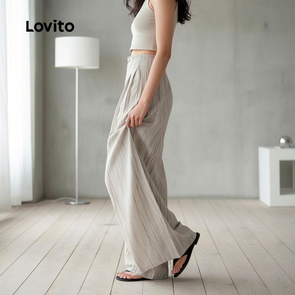 Lovito Calça Casual Plissada Feminina com Botão Simples LNE70173