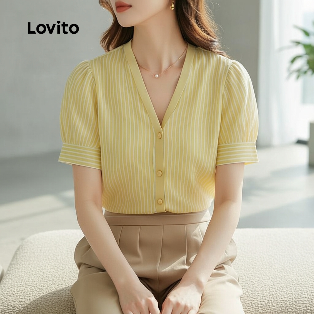Lovito Elegante Blusa e para Trabalho Feminina Amarela Primavera Verão L158ED160