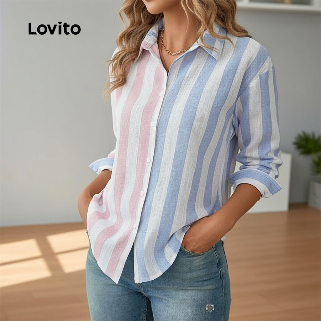 Lovito Blusa Feminina Casual Listrada Colorblock Com Botões LNL54004 (Multicolorida)