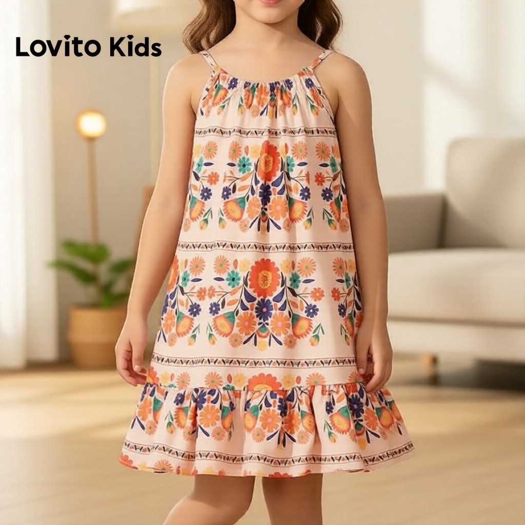 Lovito Kids Férias Dress com Laço para Meninas Primavera/Verão L186LD212