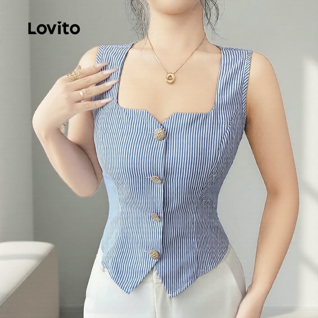 Lovito Top Casual Feminino com Estampa Botão e Franzido Frontal Primavera/Verão