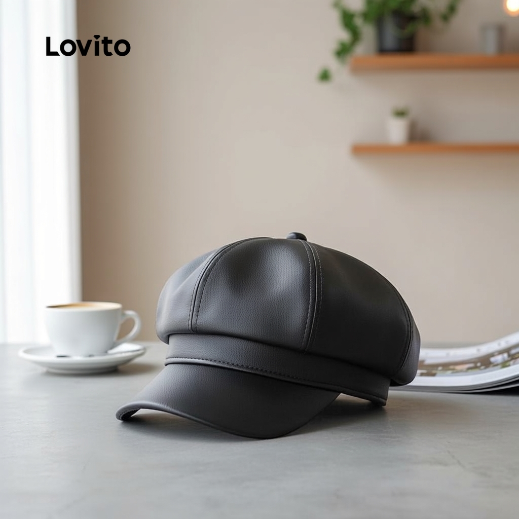 Lovito Chapéu Feminino Pu Clássico Estilo Antigo LFA08242 (Preto) em Oferta na Shopee
