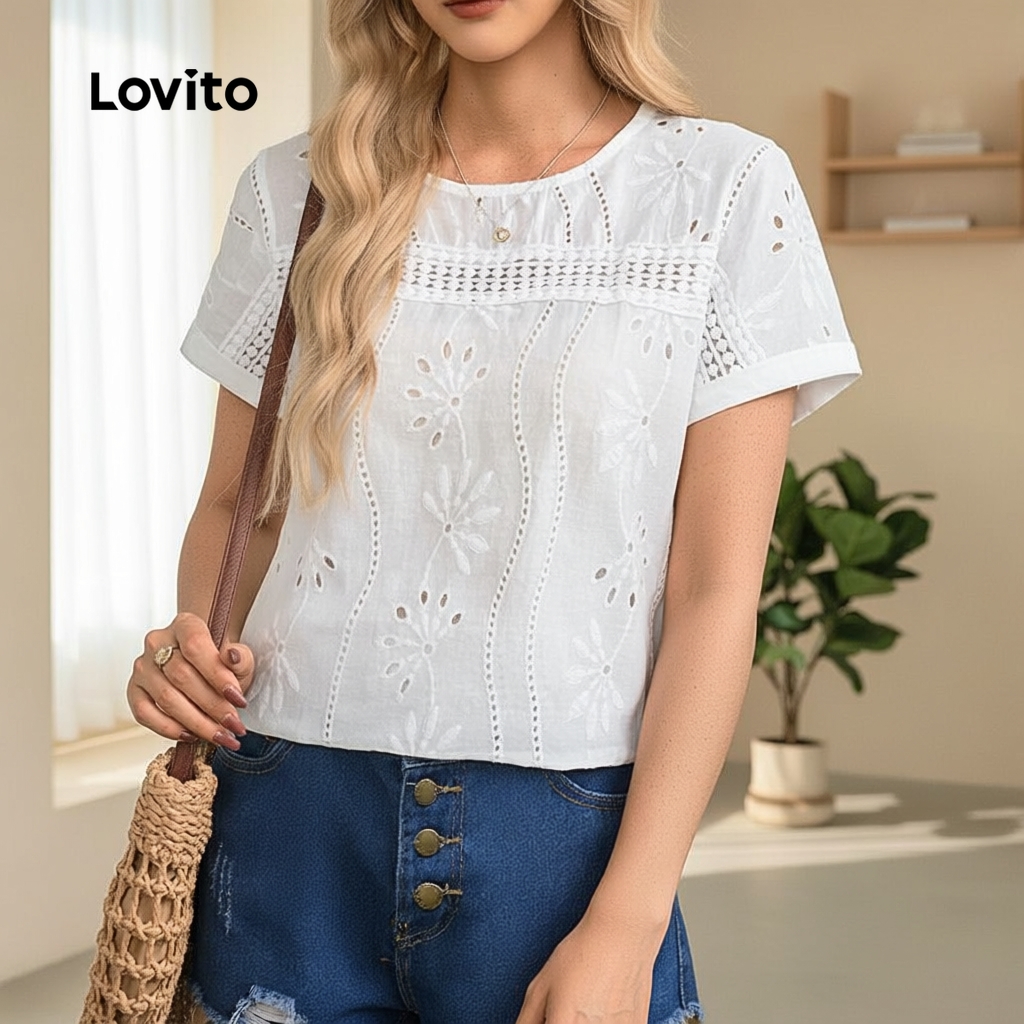 Lovito Blusa Boho Bordada Com Ilhós Para Mulheres LBL17531 em Oferta na Shopee