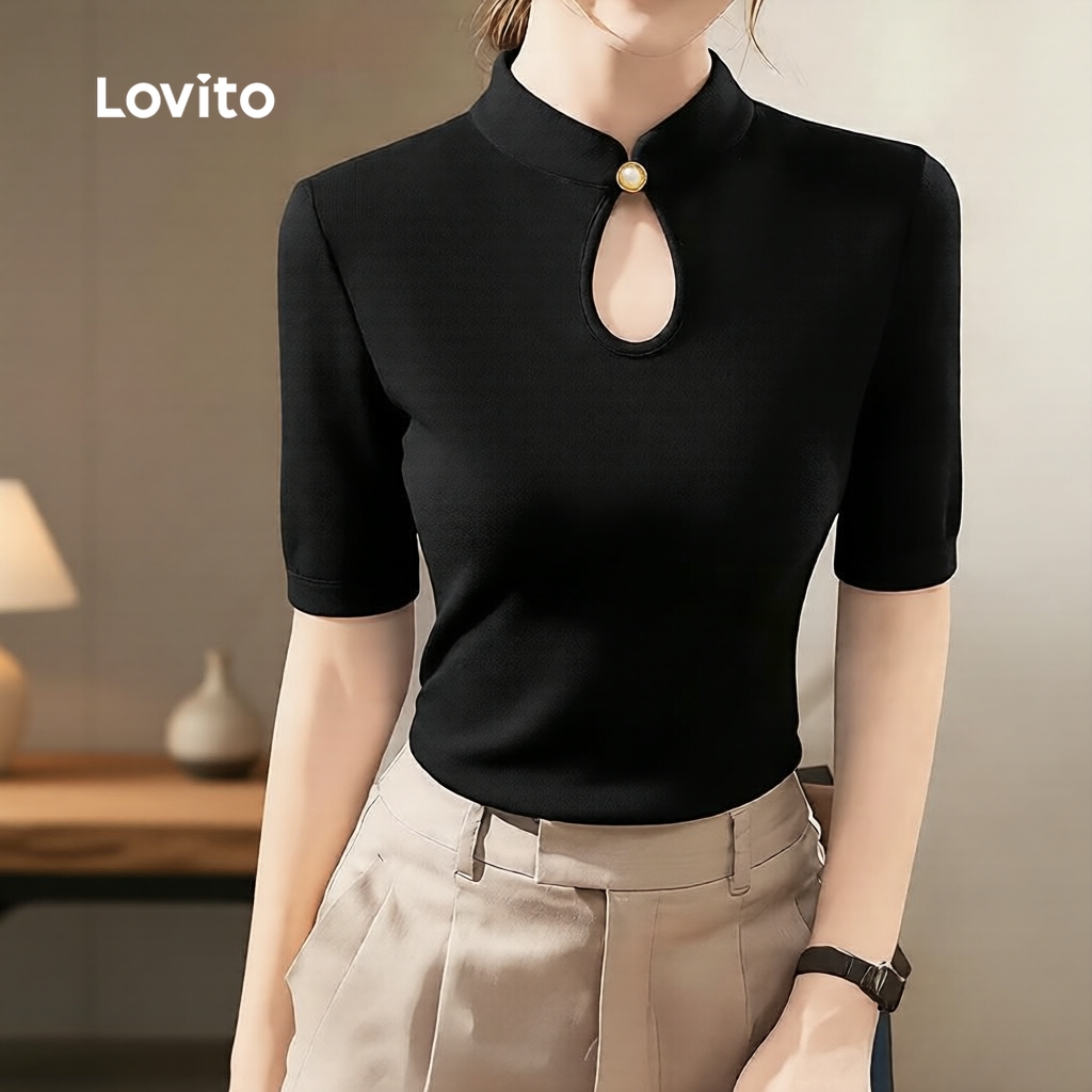 Lovito Elegante Camiseta Feminina Preta Estampa Oriental LK2ED1656