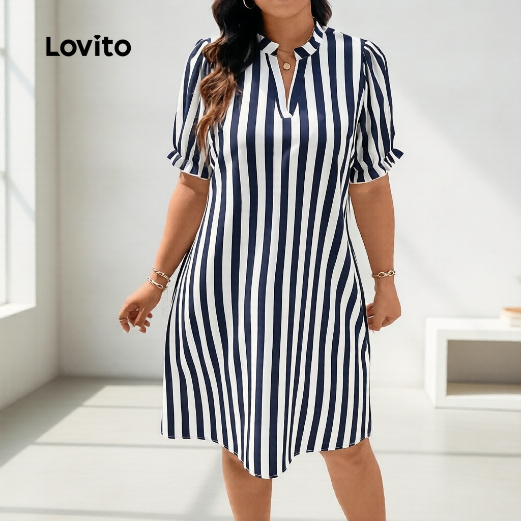 Lovito Vestido Feminino Boho Curvo Listrado Com Babados Botões Plus Size LBL15492