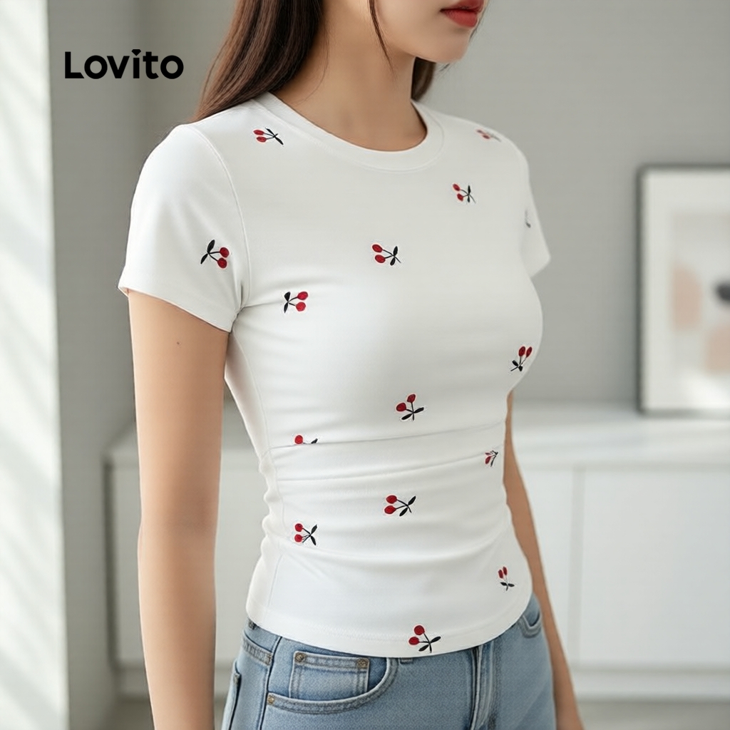Lovito Casual Camiseta Feminina Branca com Pregas e Manga Curta Primavera/Verão L166AD404