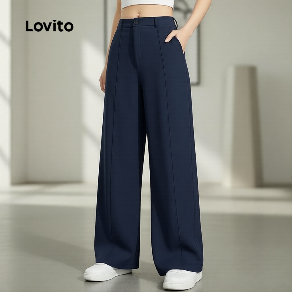Lovito Elegante Calças femininas de verão azul-marinho com botões L158AD222
