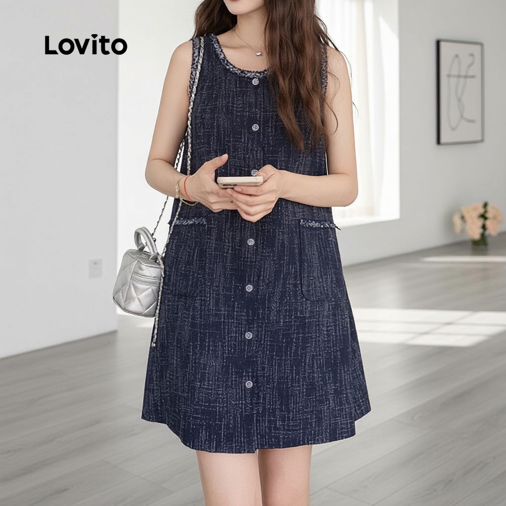Lovito Casual Vestido Feminino Azul Escuro Primavera Verão L157ED1116