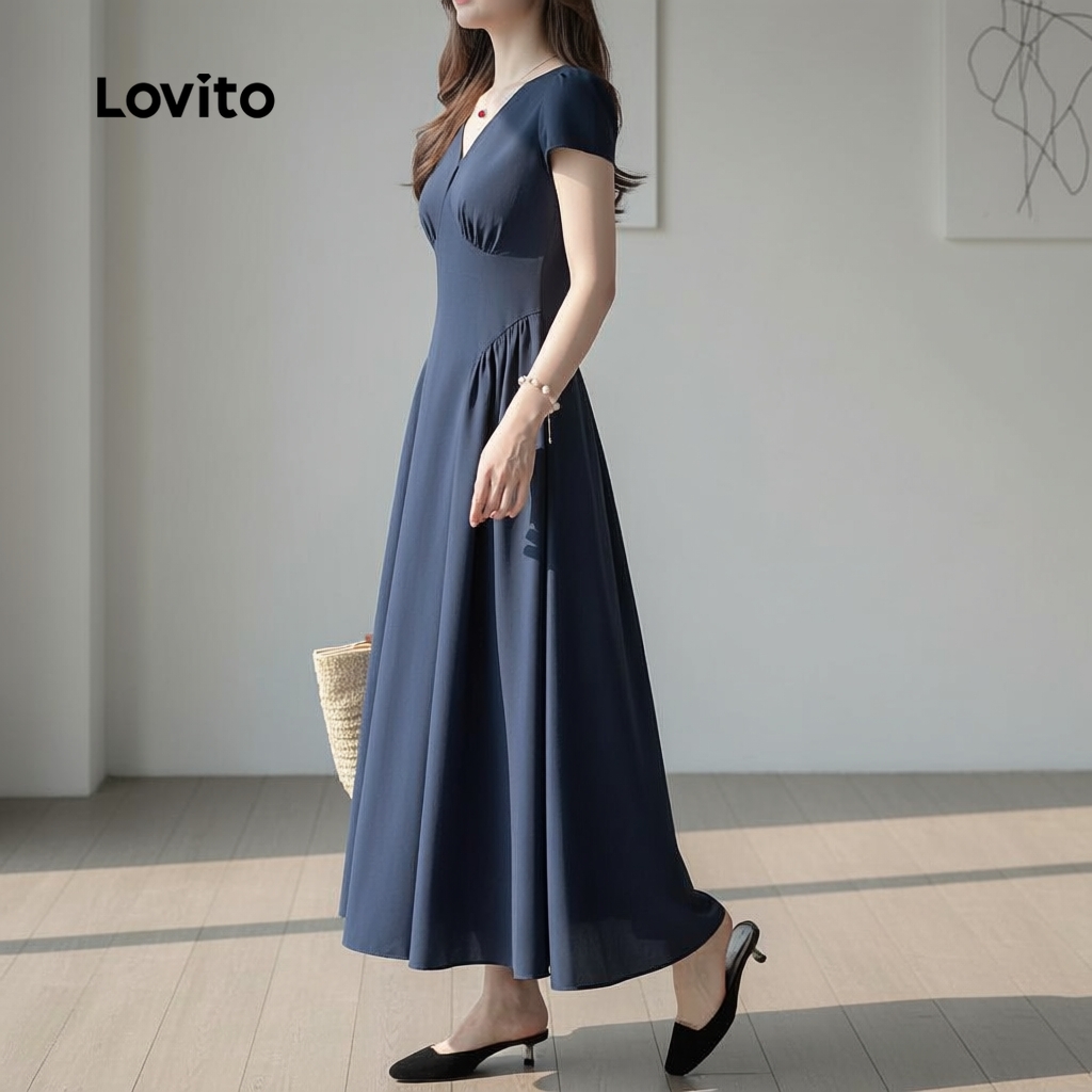 Lovito Vestido Feminino Azul Marinho Fresco Franzido Primavera/Verão LBL26340 em Oferta na Shopee