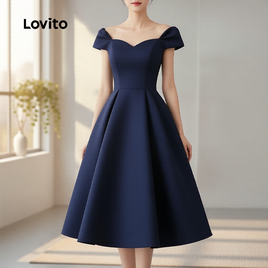 Lovito Elegante Vestido Feminino Azul Marinho com Pregas Primavera/Verão Estilo L143ED089