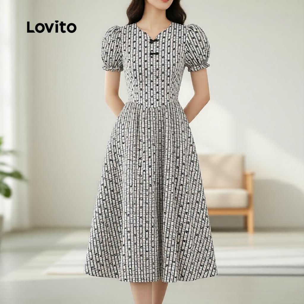 Lovito Elegante Vestido Feminino com Fivela e Babados na Bainha LK2ED794