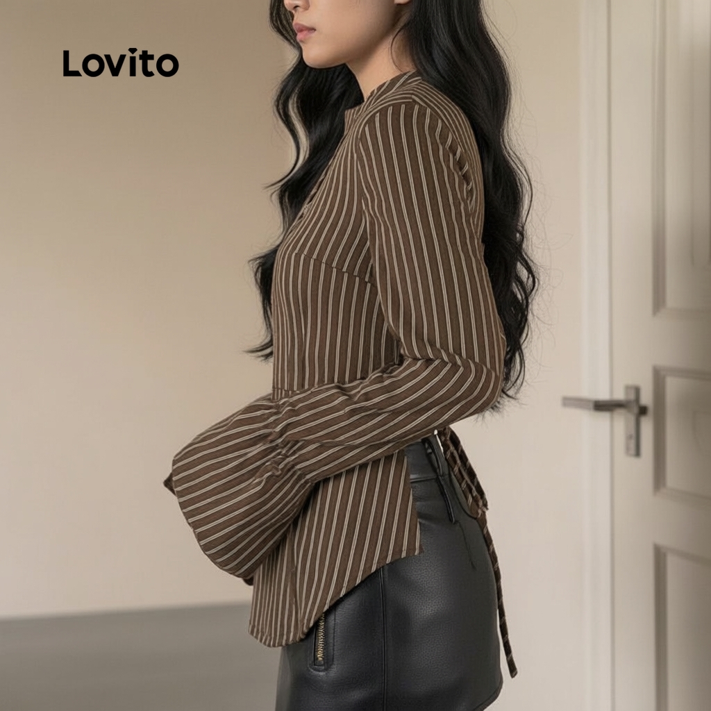 Lovito Blusa Feminina Casual Listrada Com Amarração Nas Costas Manga Trompete L106AD1249 em Oferta na Shopee