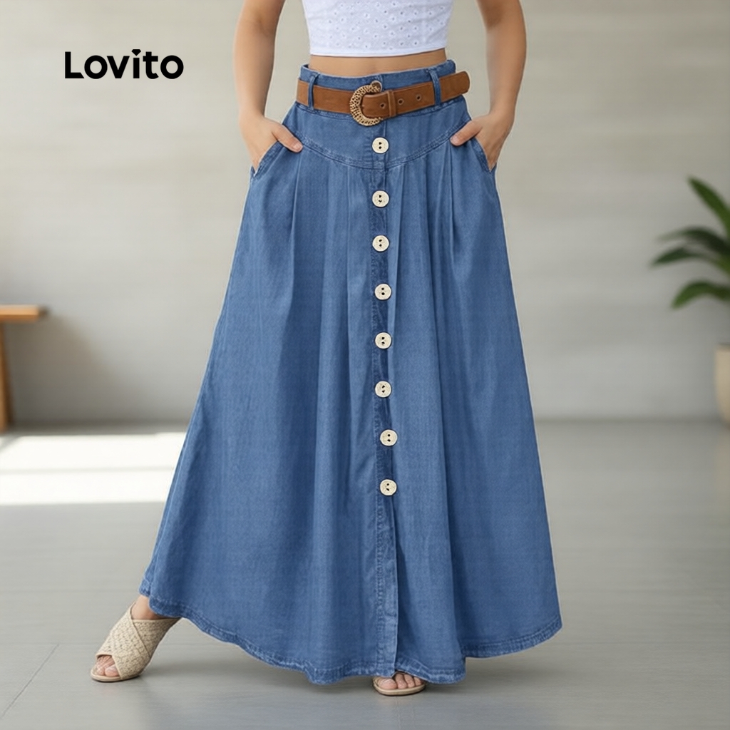 Lovito Casual Saia Feminina Lisa Com Botões Plus Size LNL83250