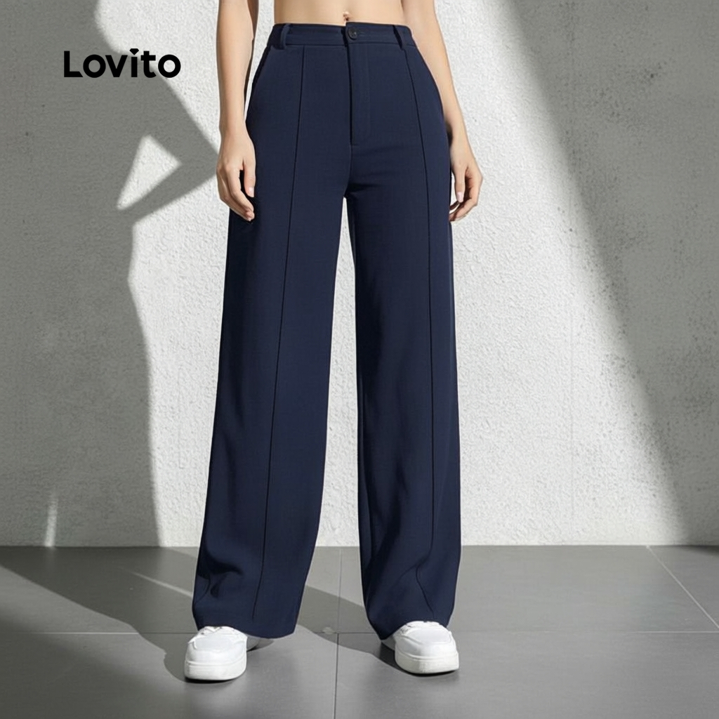 Lovito Calças Femininas Casuais com Botões Azul-marinho Primavera Verão L158AD222