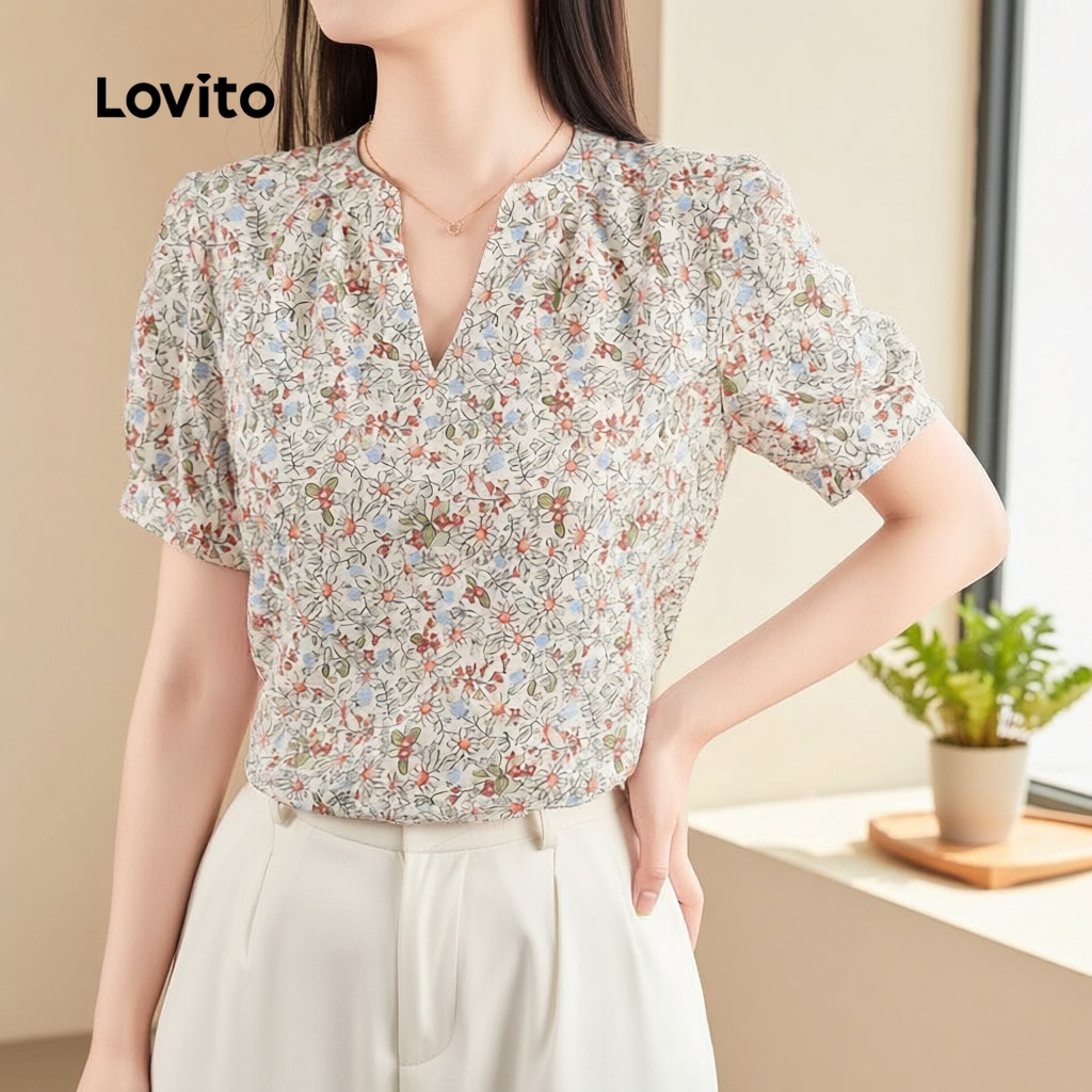 Lovito Blusa Feminina Plissada Estilo Francês Casual Primavera Verão L150AD1627 em Oferta na Shopee