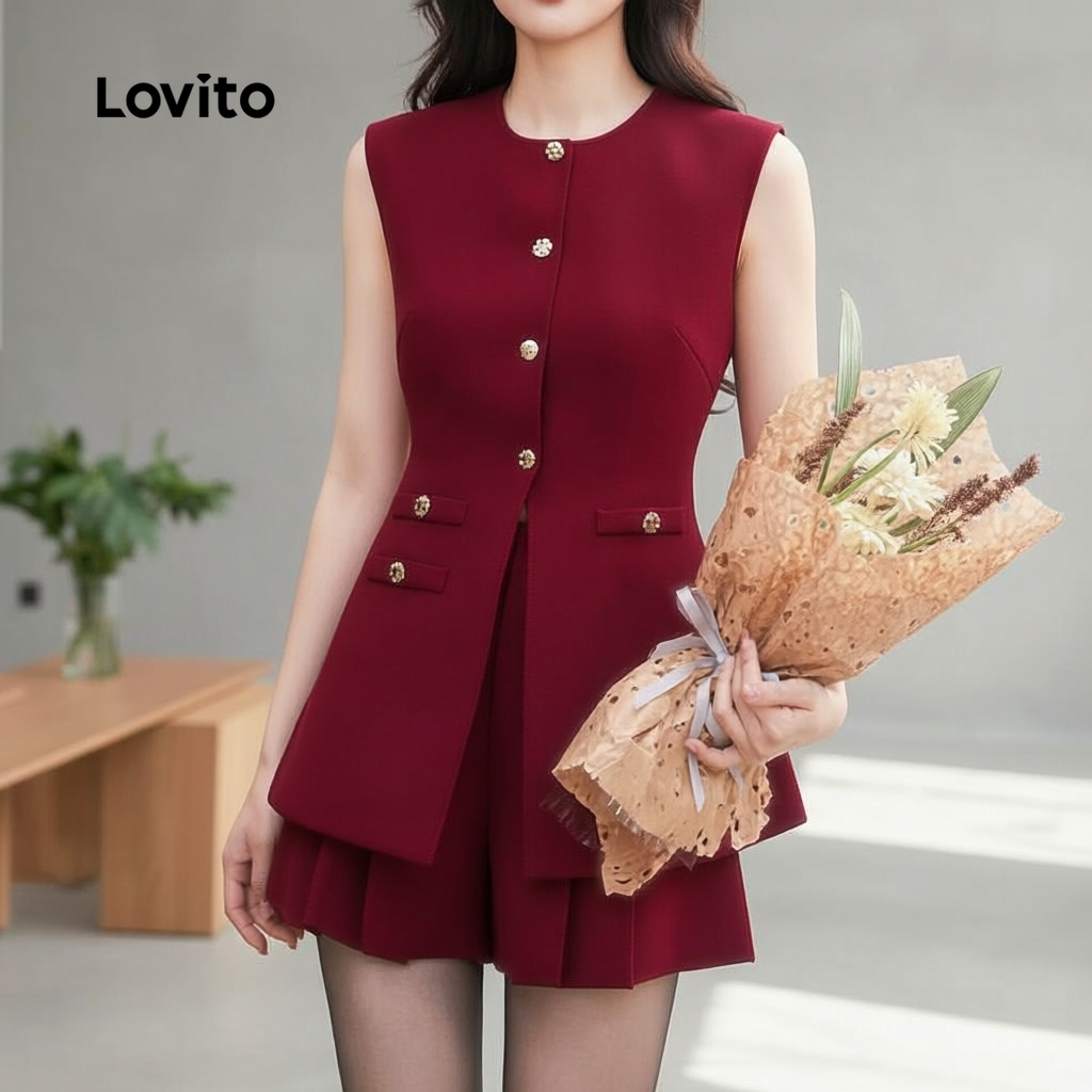 Lovito Conjunto Feminino Casual Com Blusas E Calças Plissadas Em Burgundy Para Natal Ou Festa L165ED584 em Oferta na Shopee