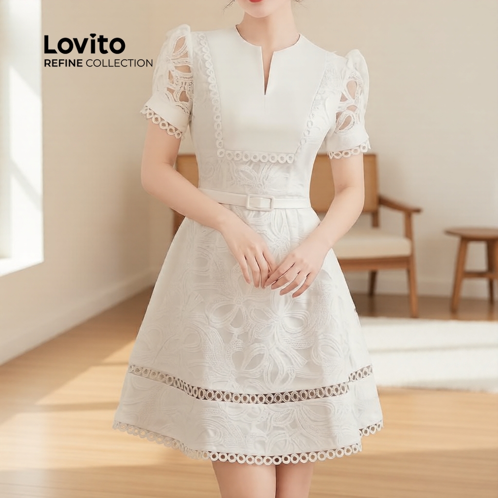 (Refine by Lovito) Vestido Casual Feminino Branco Primavera/Verão Costura Vazada LR35E065