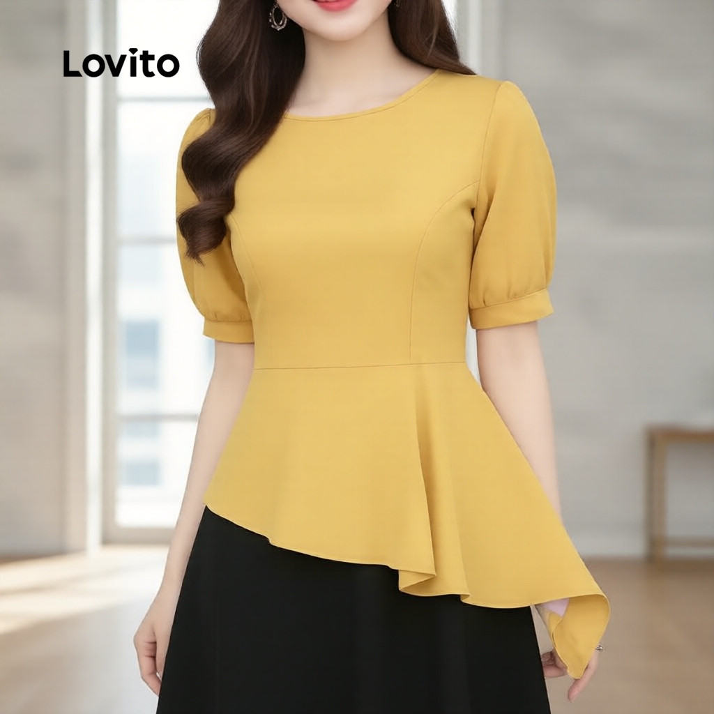 Lovito Elegante Blusa Feminina Plissada Assimétrica Amarela Primavera L183ED064