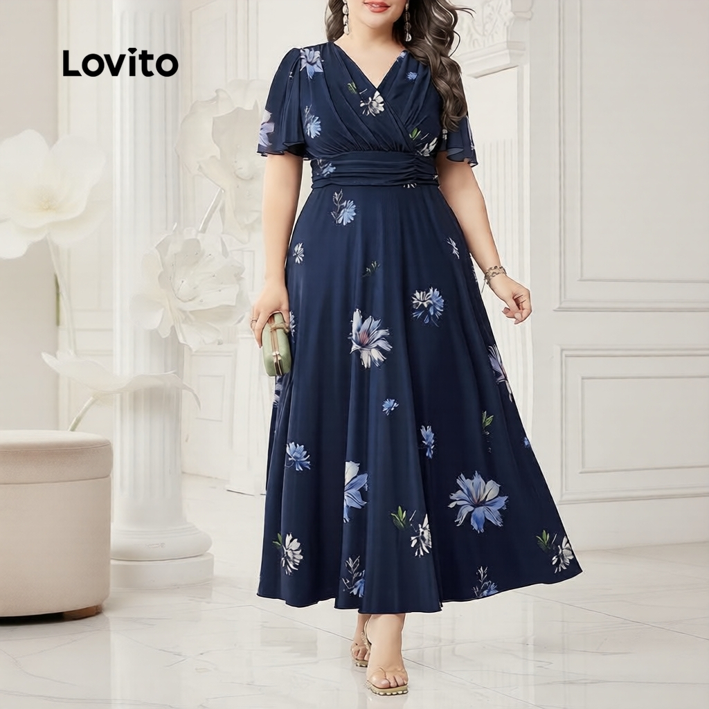 Lovito Elegante Vestido Plus Size Floral Com Babados Feminino Verão/Primavera LBL23549