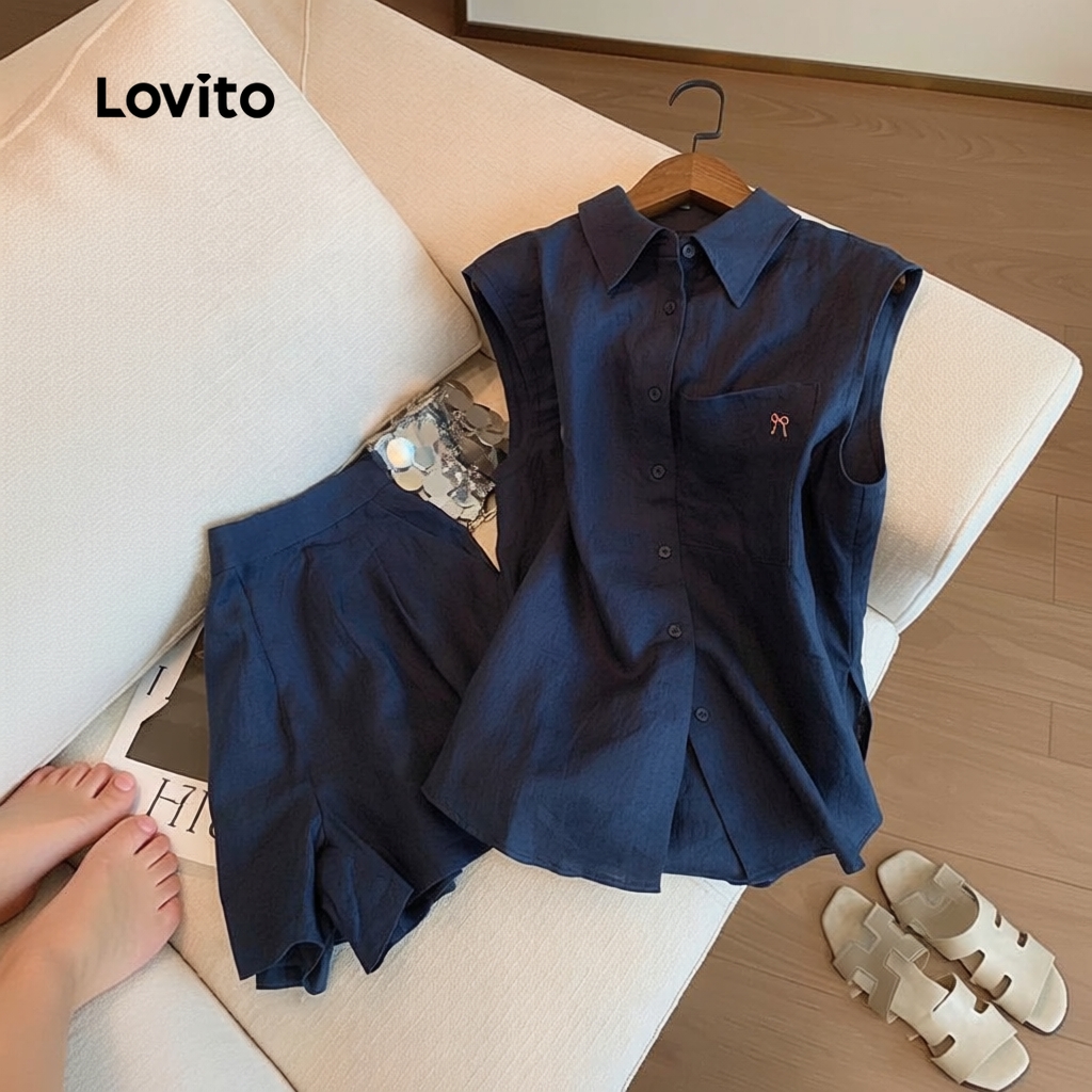 Lovito Refine Blusas ou Calças Casuais com Botão Primavera/Verão Terno Azul-Marinho para Mulheres L158AD154 em Oferta na Shopee