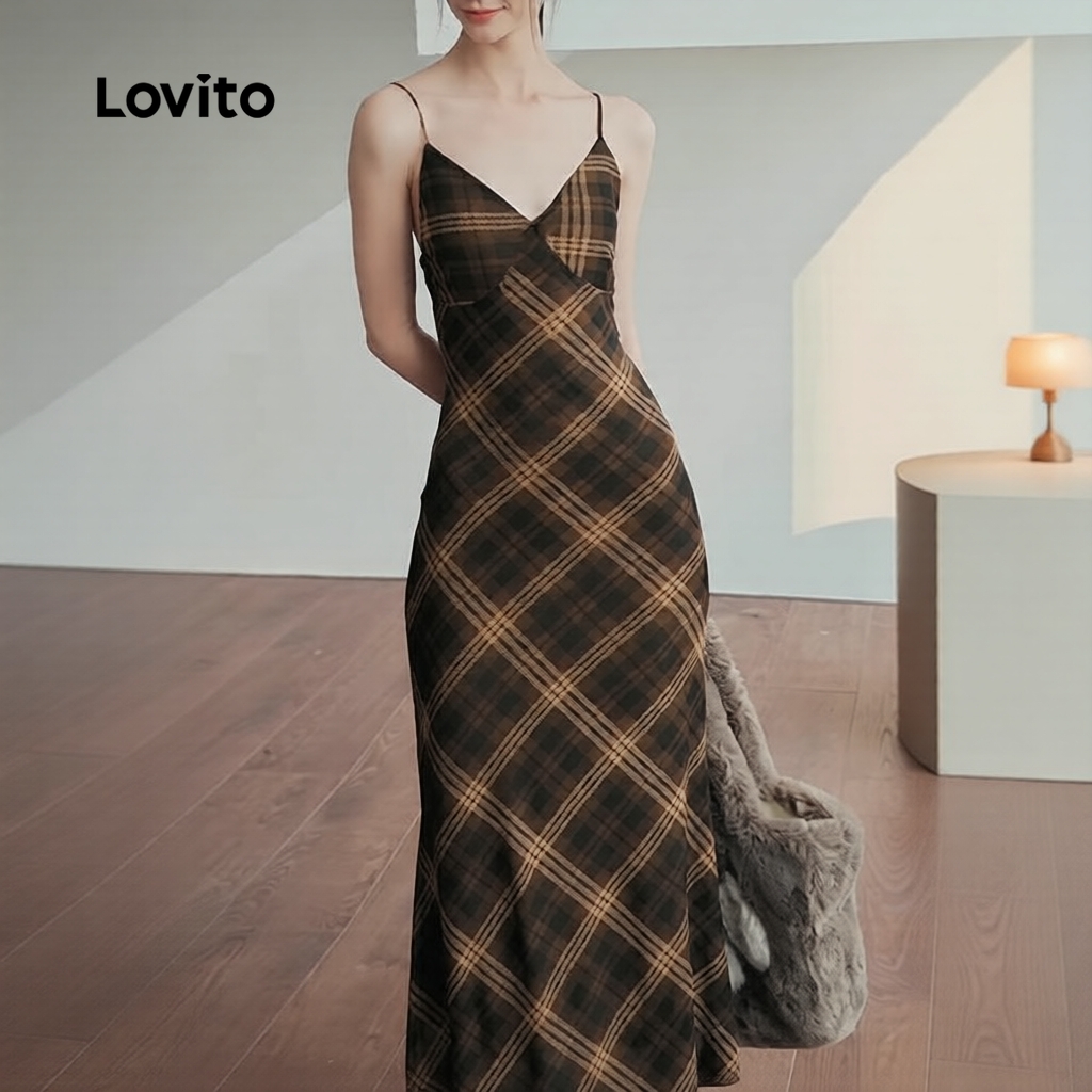 Lovito Casual Vestido Feminino Xadrez Modelagem Reta L122AD011