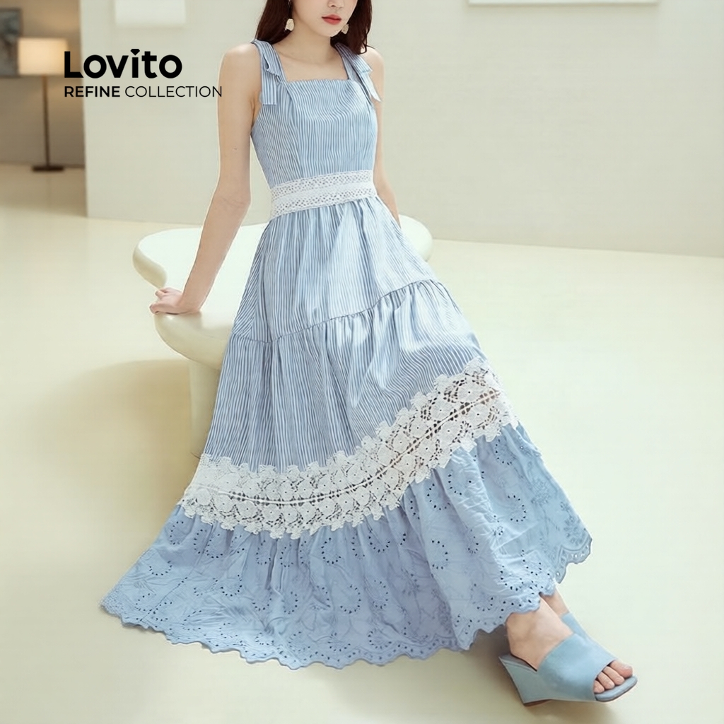 (Refine by Lovito) Vestido Boho Feminino de Renda e Tecido Primavera/Verão LR35E054