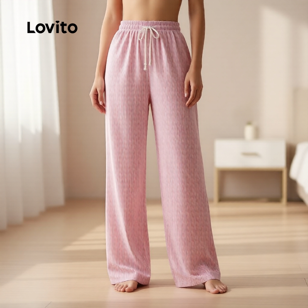 Lovito Calça Feminina Fofa Listrada Amarração Frontal Detalhes em Listra Lado L102AD249