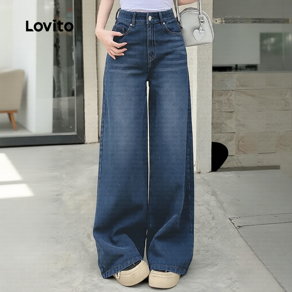 Lovito Calça Jeans Casual Lavada Bolso com Zíper Azul Primavera/Verão para Mulhe