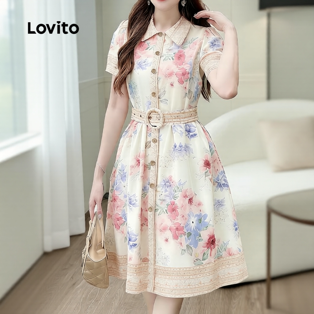 Lovito Elegante Vestido Feminino com Cinto e Botão para Primavera e Verão LK5LD1
