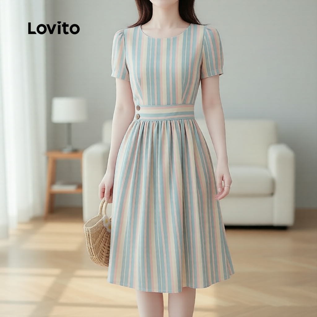 Lovito Elegante Vestido Feminino com Botões Estampa Geométrica Primavera/Verão L164ED357