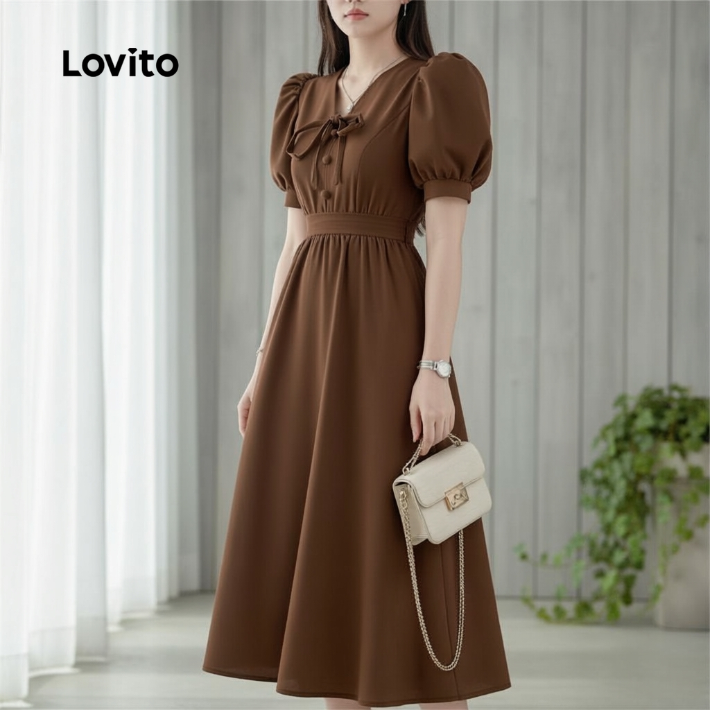 Lovito Refine Vestido Retrô Zíper Primavera Verão Marrom Feminino LK2ED160 em Oferta na Shopee