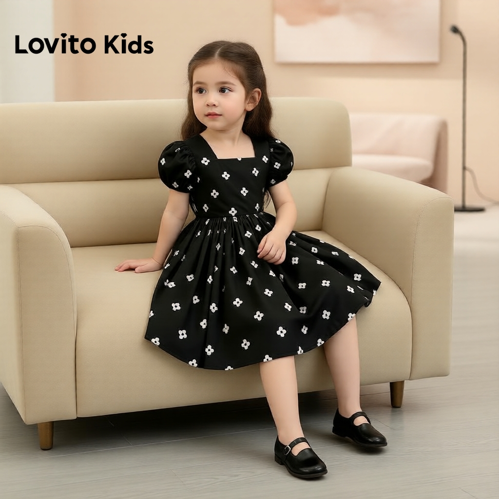 Lovito Casual Vestido Infantil Babados Primavera/Verão Preto Menina L168LD183