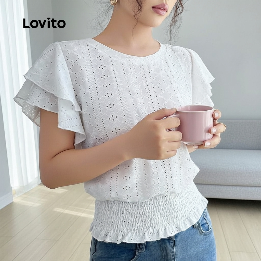 Blusa Feminina Casual Branca com Babados Franzidos e Cortados para Outono/Verão L172LD281