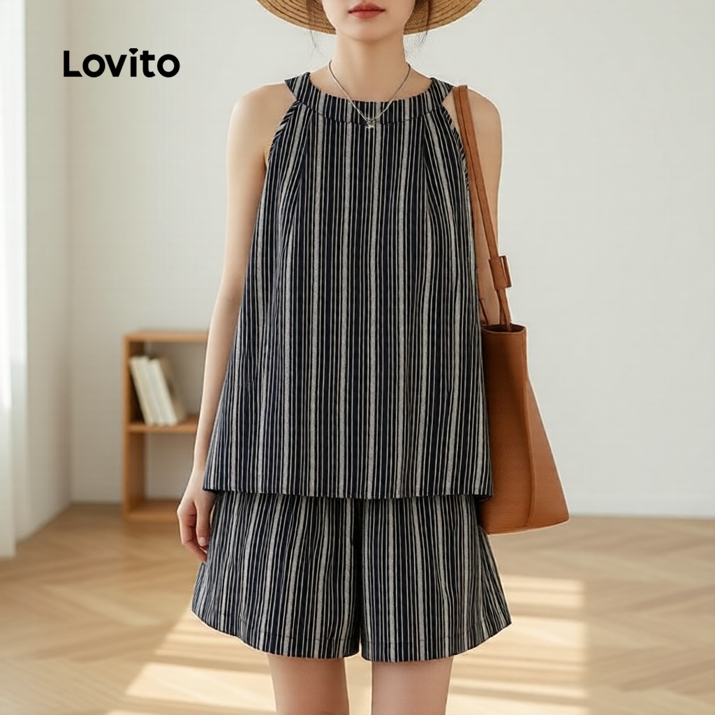 Lovito Casual Conjunto feminino listrado amarração e confortável primavera/verão Bordado LNM68124