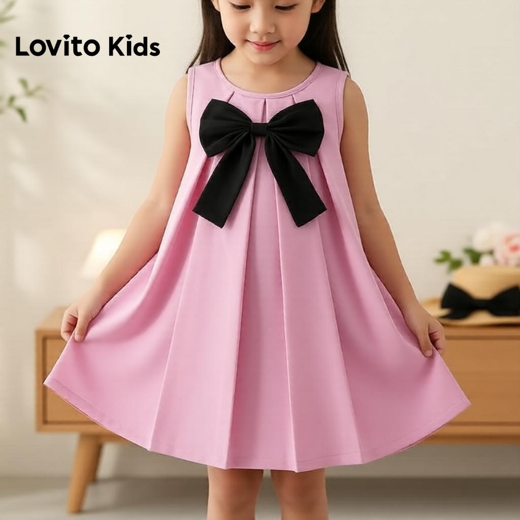 Lovito Casual Vestido Infantil Feminino Rosa Primavera/Verão com Laço e Pregas
