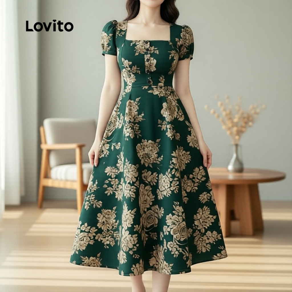 Lovito Elegante Vestido Feminino Primavera/verão Tom Verde LK2ED004