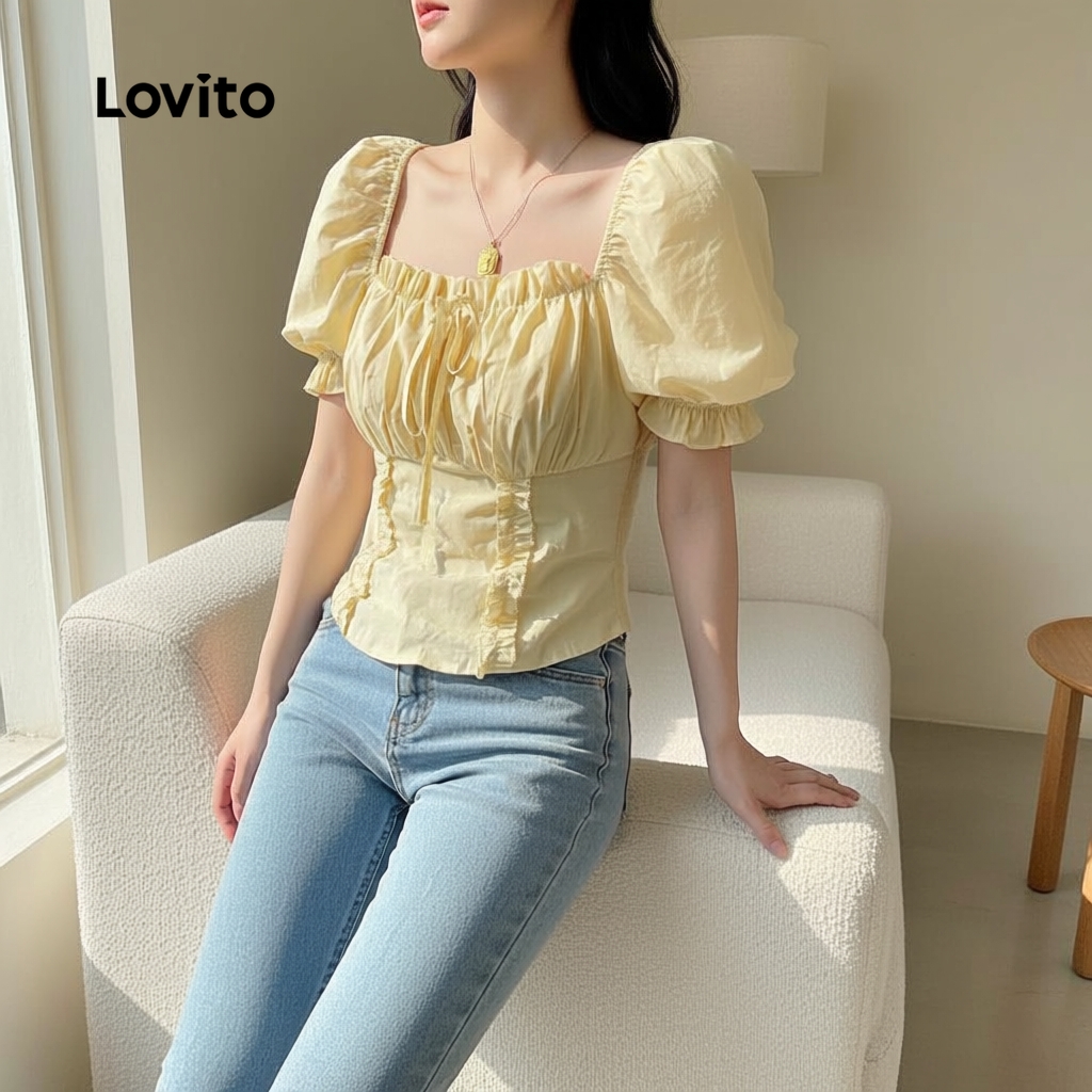 Lovito Blusa Amarela para Mulheres com Babados e Fecho de Zíper Casual Primavera/Verão L154LD396