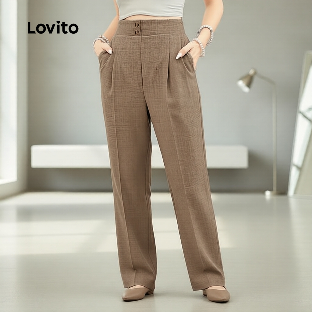 Calça Feminina Lovito Elegante Com Botão Zíper Cáqui Primavera Verão L183ED1035