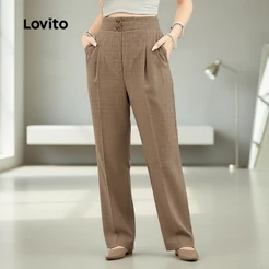 Calça Feminina Lovito Elegante Com Botão Zíper Cáqui Primavera Verão L183ED1035