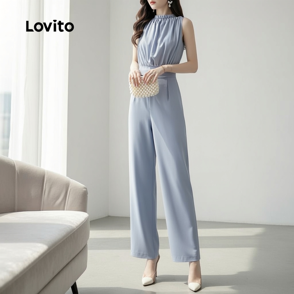 Lovito Macacão Elegante Liso Franzido Verão Primavera Cinza Azul Para Mulheres L134ED420 em Oferta na Shopee