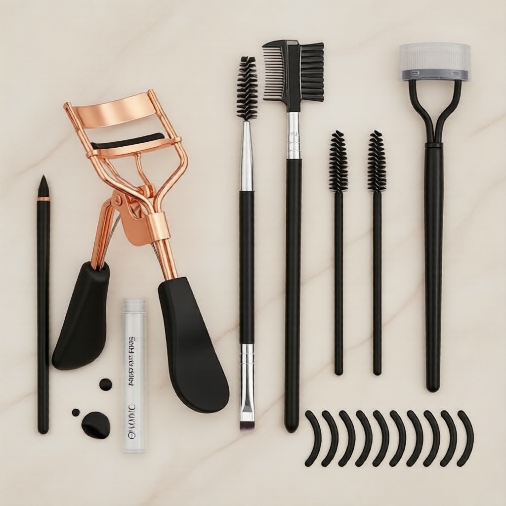 Kit Completo de Ferramentas para Cílios e Sobrancelhas Feminino: 16 Ferramentas, Curvador, Escova, Pente, Pincel