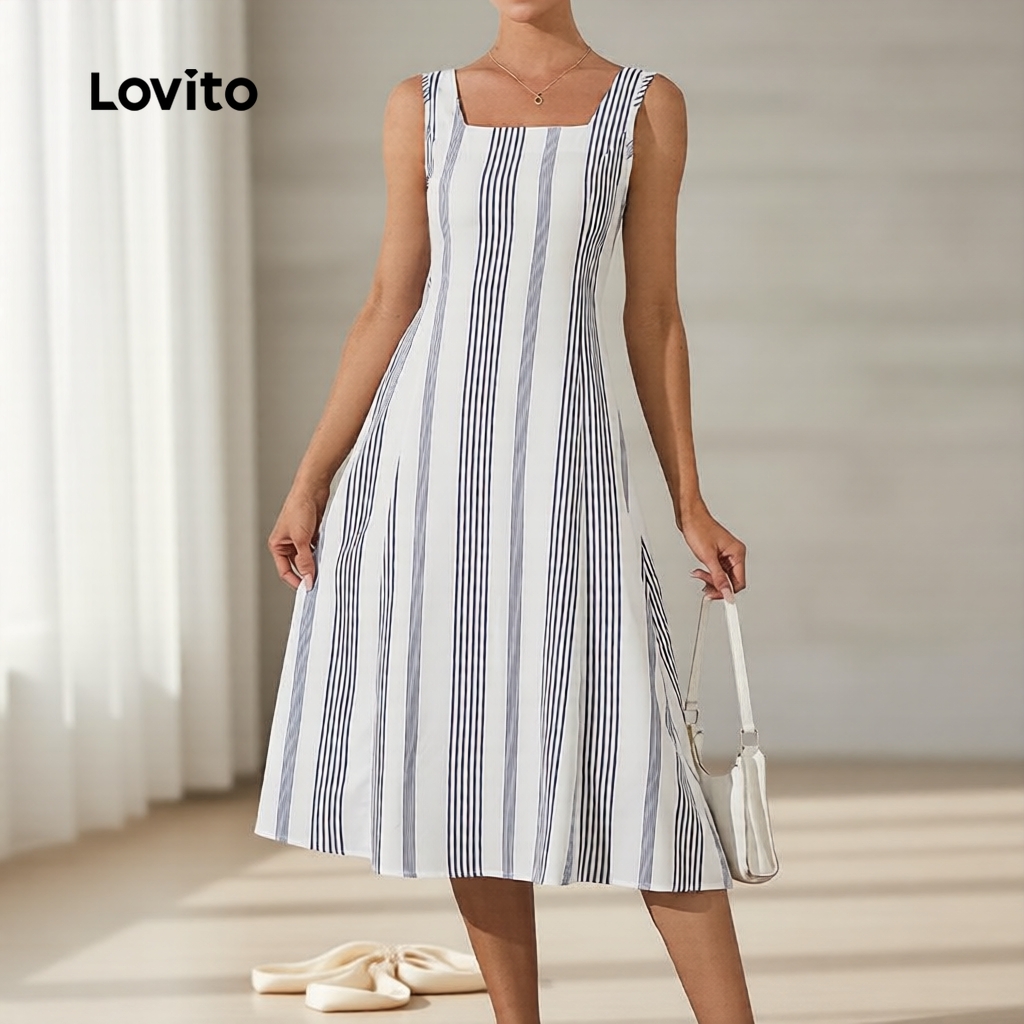 Lovito Vestido Feminino Estiloso com Babados Listrados para Primavera e Verão LB