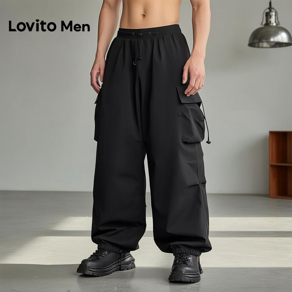 Lovito Men Estrutura Casual de Bolso Cargo com Linha de Amarração para Todas As Estações em Preto LNE118052 em Oferta na Shopee