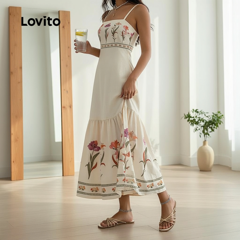 Lovito Vestido Longo Boho Com Estampa Floral Em Viscose E Linho Para Primavera Verão LBL32081 em Oferta na Shopee