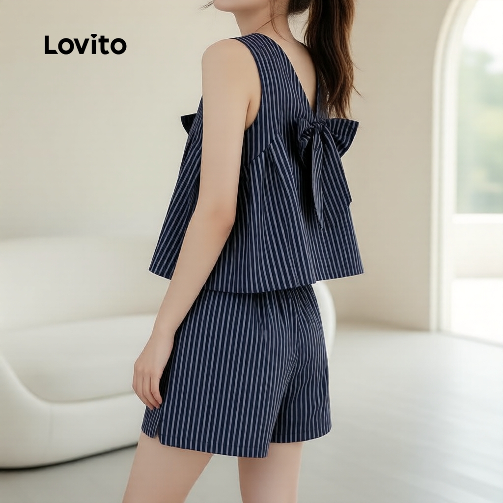 Lovito Casual Conjunto Feminino Shorts Azul Marinho Estampa Geométrica Primavera/Verão L137ED118