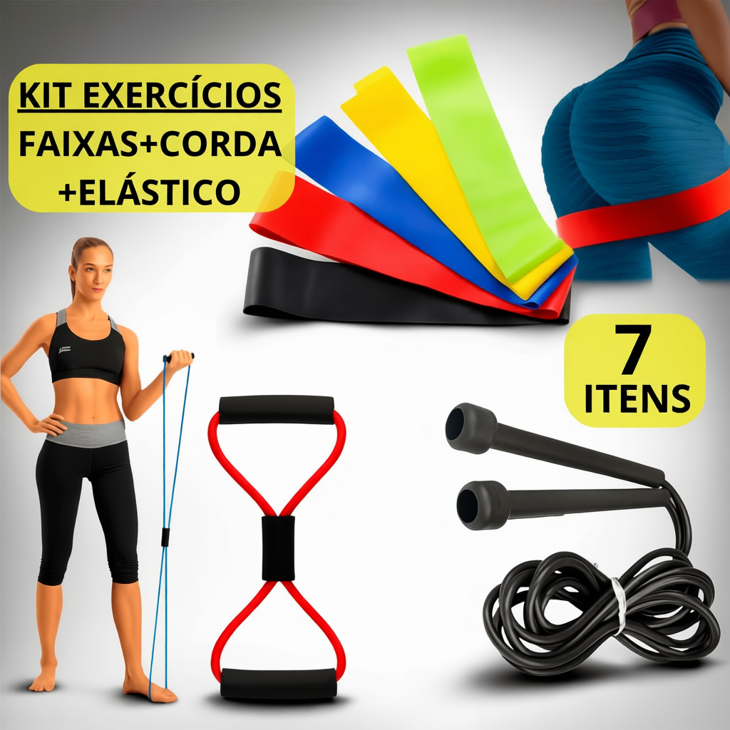 Faixa Mini Band Elástico Para Exercício Fisioterapia + Elástico Extensor Cross Tube Ginástica + Corda