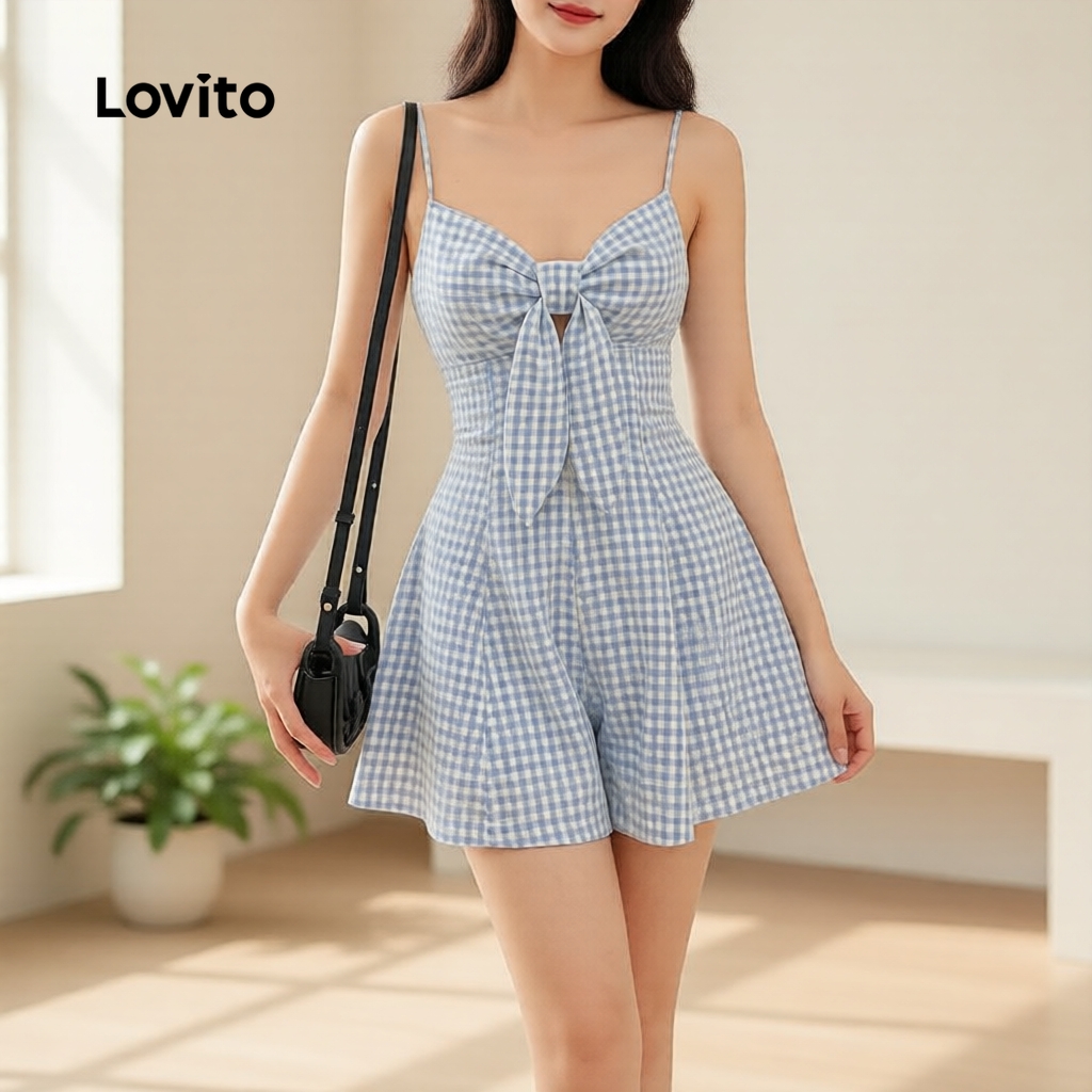 Lovito Casual Macacão Feminino Jacquard Xadrez Com Amarração Bordado L104ED568