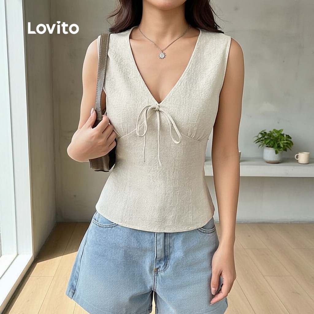 Blusa Feminina Elegante com Nó Frontal e Design Estruturado Leve Caqui Primavera Verão L137LD137 em Oferta na Shopee